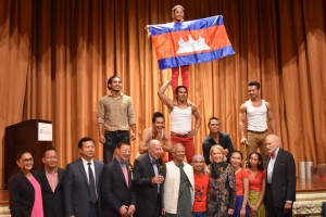 Pride of Cambodia: Phare, The Cambodian Circus with their old friend Muhammad Yunus and former US Secretary of State George P. Shultz after their performance at the Give2Asia dinner.